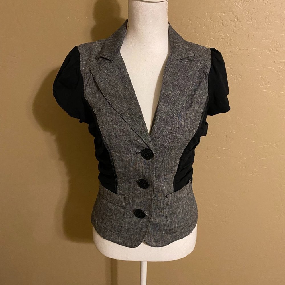 Candie's NWT Linen Cotton Blend Grey Black Short Sleeve Blazer Jacket Stretch
